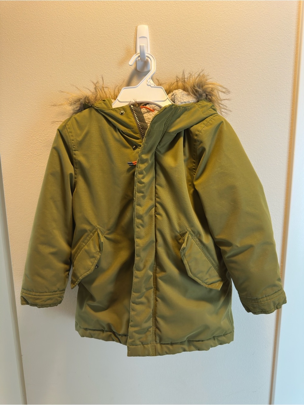 Mini Boden Olive Green Coat with Cream Sherpa Lining
